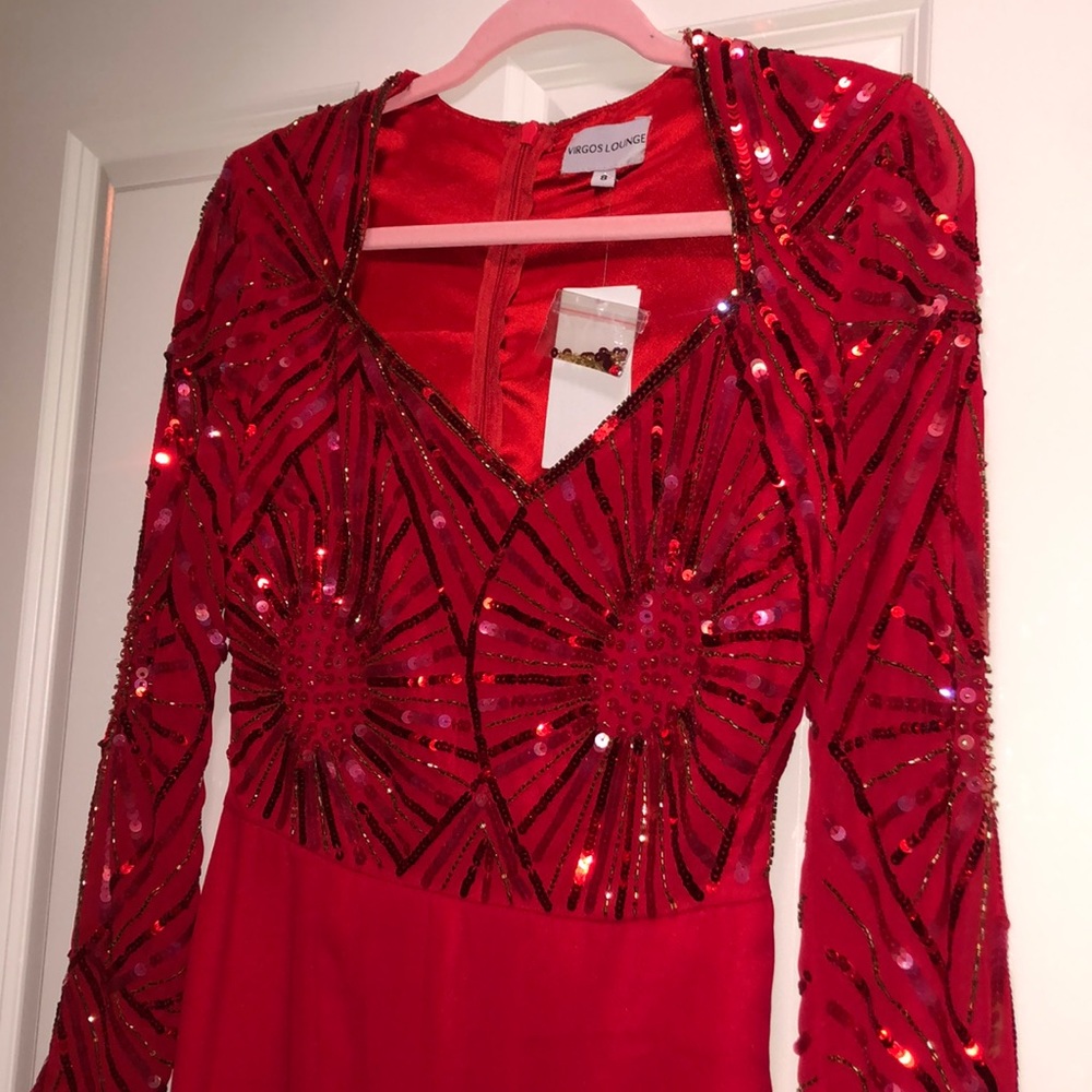 VIRGOS LOUNGE RED EMBELLISHED DRESS.